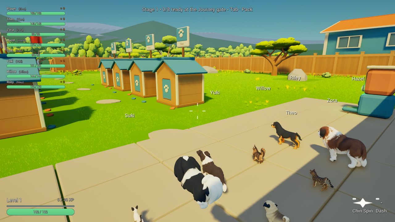 The pack gathering by the kennels in the backyard